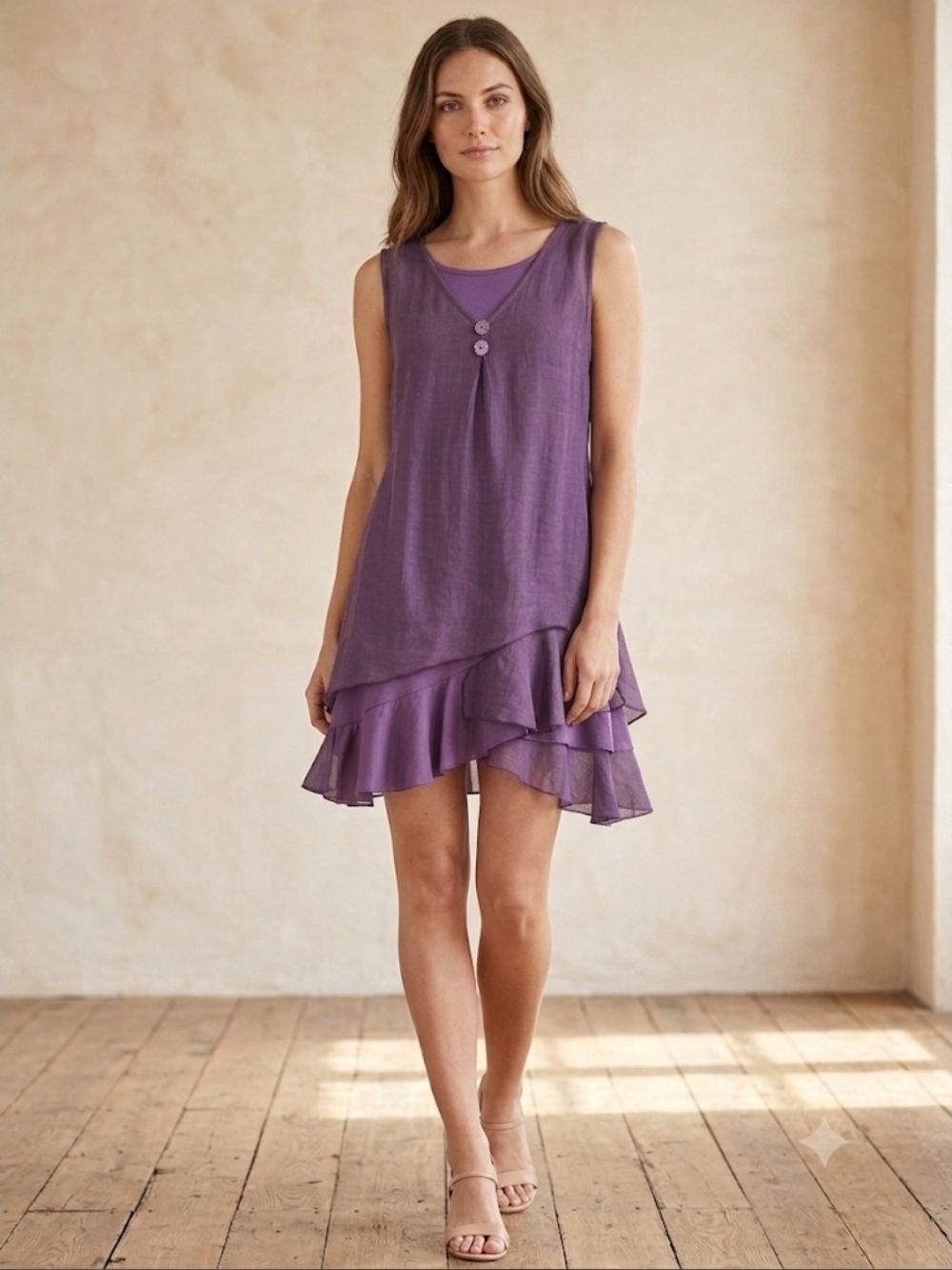 Purple Sleeveless Layered Ruffle Dress Linen Blend 2 Pc